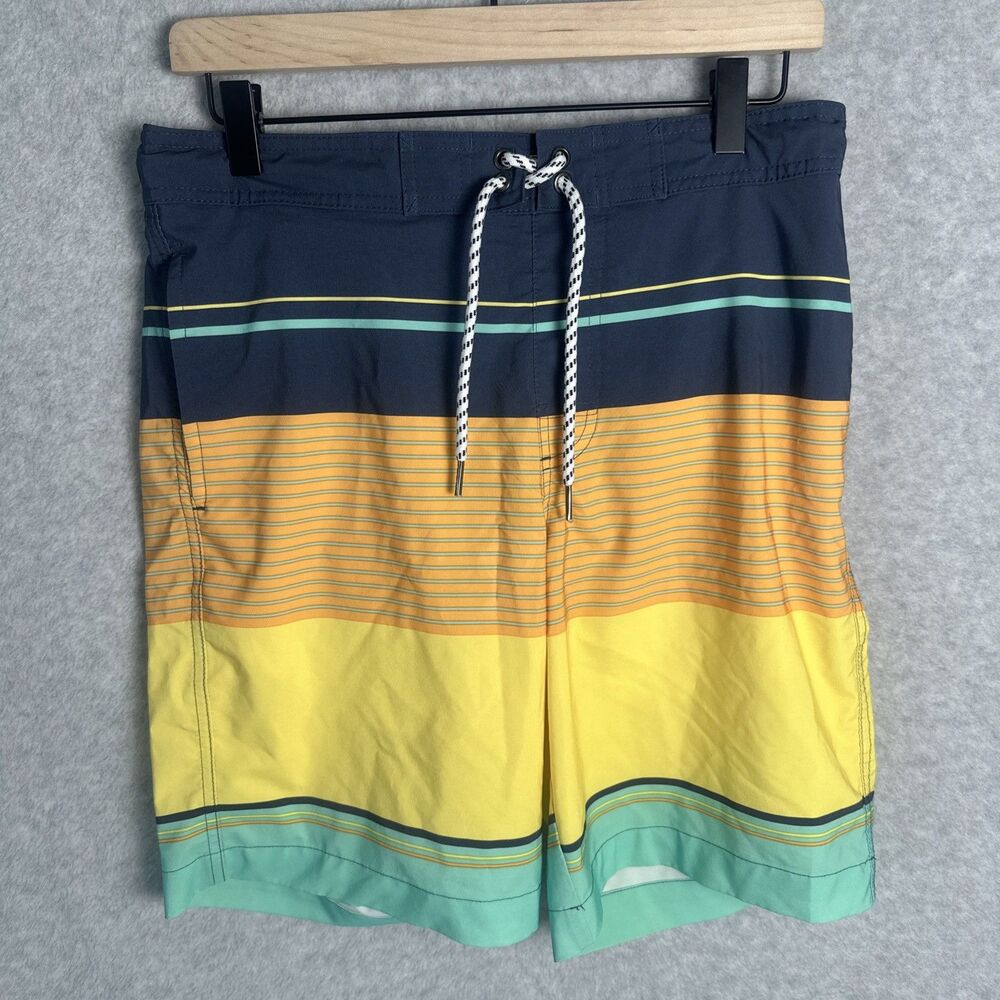 Men's Beach Sand Vacation Board Swim Trunks Blue Orange Green Stripes Size S